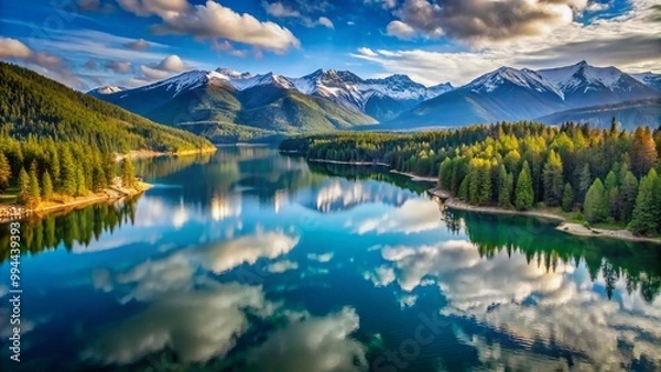Fototapeta Serene Reflection of Mountains on Cle Elum Lake in Washington State Under Clear Blue Sky