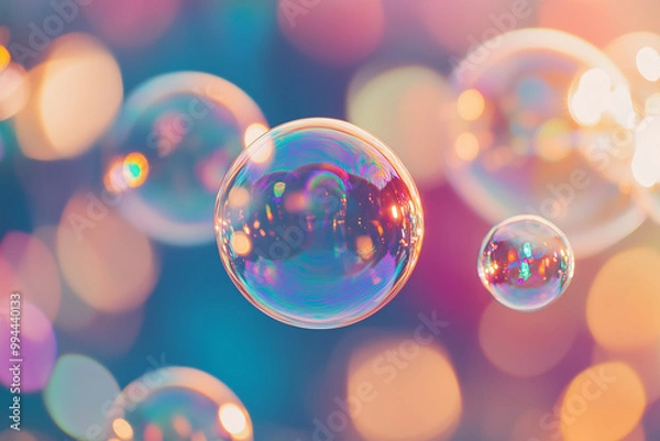Fototapeta Bubbles floating in soft colorful bokeh dreamscape