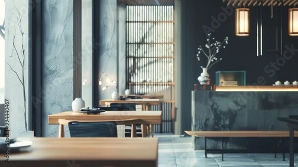 Fototapeta Elegant and serene Japanese-style restaurant with wooden furniture, soft lighting, and minimalist décor, exuding tranquility and a refined dining experience.