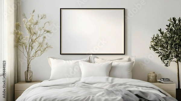 Fototapeta Modern bedroom interior with blank wall mockup for frame or poster, contemporary home decor with empty template above bed, stylish Scandinavian apartment design, 3D rendering of cozy living space