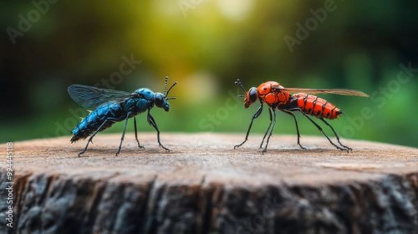 Obraz Two colorful robotic insects, one blue and one red, face each other on a wooden tree stump, symbolizing nature and technology.