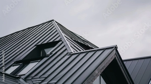 Fototapeta A modern metal-roofed house under a cloudy sky, blending contemporary architecture with the moody ambiance of an overcast day.
