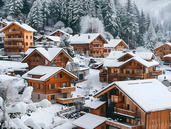 Fototapeta Row of identical chalets nestled in a snowy ski resort, under clear blue skies.