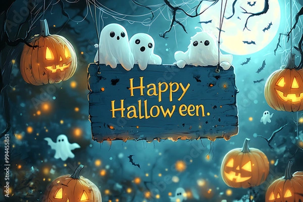 Fototapeta A festive Happy Halloween sign displayed in a spooky setting, perfect for celebrating the holiday with eerie decor and atmosphere