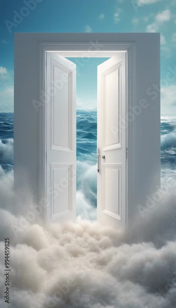 Fototapeta 3D rendering of an open white door surrounded by sea waves in a ocean A fantasy landscape with a blu