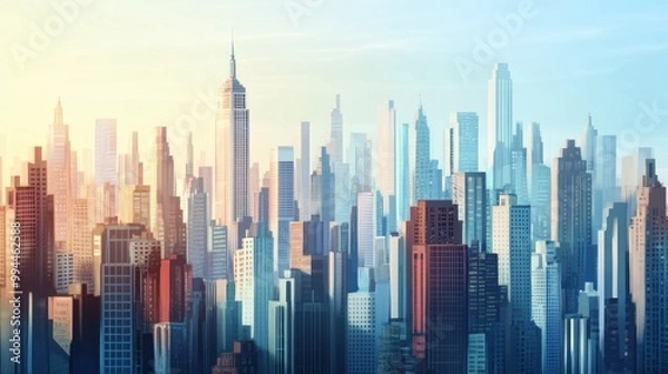 Fototapeta A vibrant cityscape with tall buildings and a warm, glowing sky.