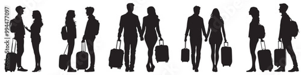 Fototapeta Couples standing with suitcase, man traveling with suitcase, lady travelling with suitcase silhouette isolated on white background