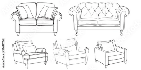 Fototapeta Line Icons of sofa set isolated on white background
