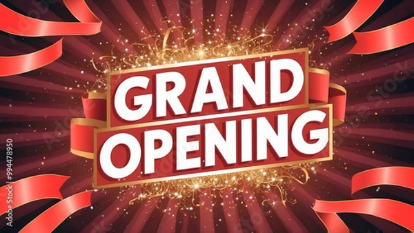 Fototapeta Grand opening white text banner circled with golden glitters confetti, elegant silk red ribbons on a vibrant red radial background, ceremony invitation or flyer design