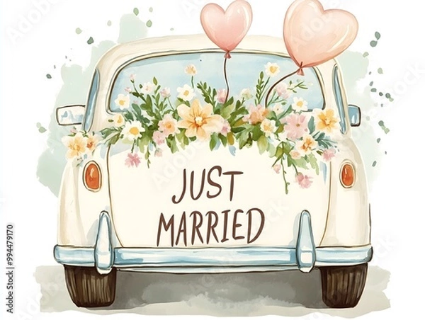 Fototapeta A vintage car adorned with balloons, flowers, and a "Just Married" sign drives away, symbolizing the joyful start of a couple's new journey together.