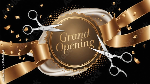 Fototapeta Scissors cutting a golden ribbon and circle badge banner with Grand Opening in classy typography, scattered confetti, swirl of silk, all set against a deep black background, elegant, luxurious, flyer