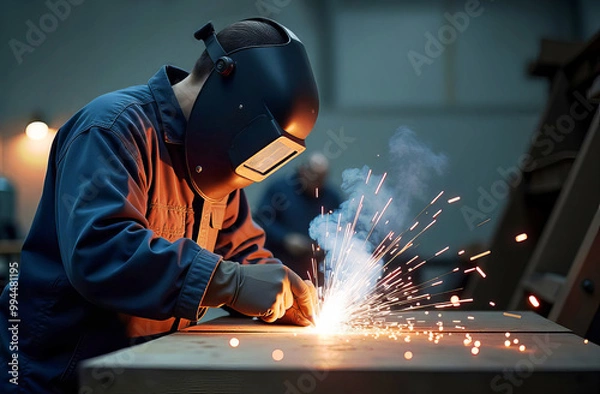 Obraz Welder at work. A metal worker welds metal parts at a factory