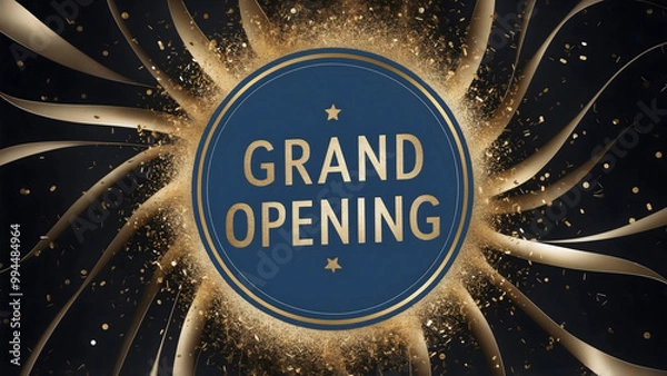 Fototapeta A vibrant grand opening banner adorned with golden stars and a striking circular design, on abstract dark background with stars, celebration, premium design illustration for wedding and vip template
