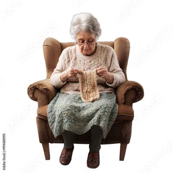 Fototapeta Senior Lady Engrossed in Knitting Activity While Sitting in Armchair. Isolated on a Transparent Background. Cutout PNG.