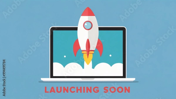 Fototapeta A sleek flat design laptop displays a cartoon rocket launching with clouds from its screen, with bold red "Launching soon" text on a soft blue backdrop, space shuttle launch, announcement