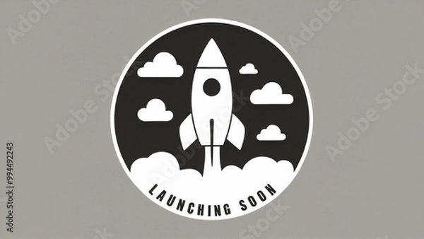 Fototapeta Minimalist black and white logo with a flat rocket in a circle, clouds, and "Launching soon" text  at the bottom on a grey background, monochrome, template, landing page design, new website