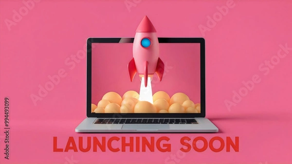 Fototapeta A laptop screen erupts with a fiery rocket launch, with bold "Launching soon" text at bottom, on a vibrant pink tone background, 3d render, the excitement of starting your website, announcement flyer