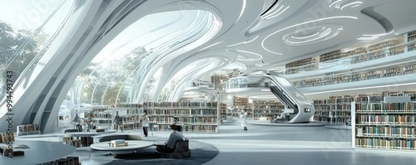 Obraz Technical drawing for a futuristic library with automated book retrieval systems, immersive reading environments, and energy-efficient design