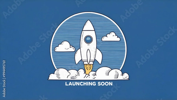 Fototapeta A logo with a white rocket in clouds, encircled, and "Launching soon" text at the bottom against a light blue abstract background