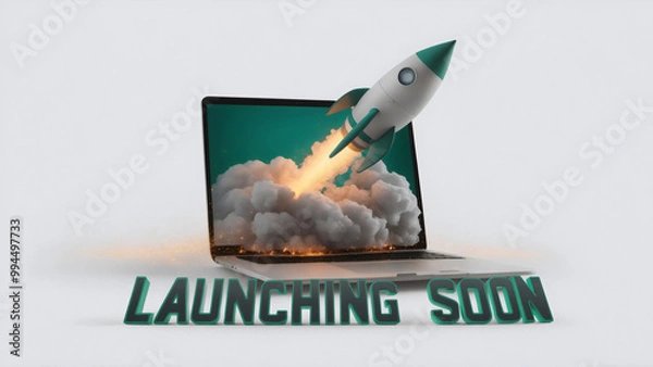 Fototapeta A vibrant green rocket launches from a laptop screen, leaving fiery sparks and smoke, with Launching soon in bold  futuristic typography ,on isolated white background, 3D render, space shuttle launch