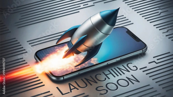 Fototapeta A silver blue rocket emerging from a mobile screen, leaving a fiery trail, with "Launching soon" in modern typography below, on sleek futuristic and high-tech background, 3d render, poster