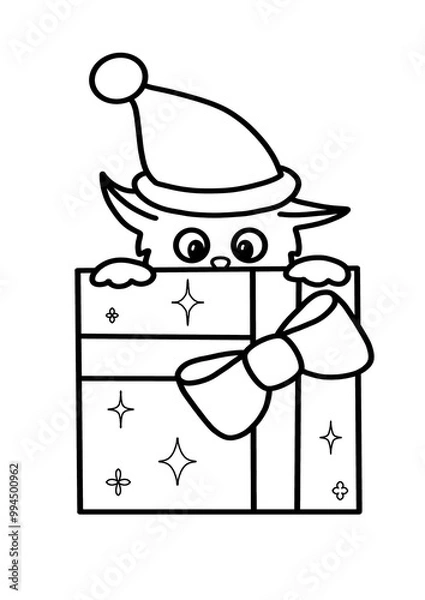 Fototapeta Kitten in a hat on a festive gift box for coloring book