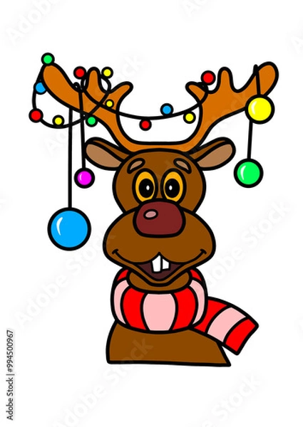 Fototapeta Christmas deer in a hat and scarf with Christmas tree toys on his horns