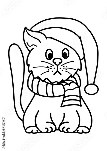 Fototapeta Cat in a hat and scarf for coloring book