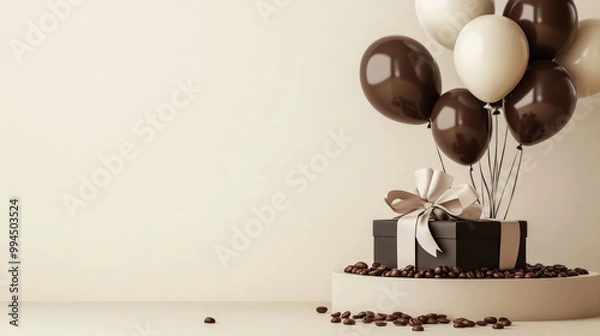 Fototapeta A minimalist beige podium with dark brown and cream-colored balloons, a coffee-themed gift box tied with a ribbon, and coffee beans scattered around for a modern display.