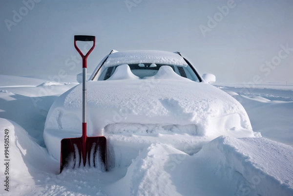 Fototapeta A car buried under deep snow after a heavy snowstorm on a snow covered road. A snow shovel is leaning against the car. The process of clearing snow from the road in a cold and very snowy winter.