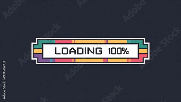 Fototapeta A vibrant border  8-bit pixel art sign banner displaying "loading 100%" modern font on a dark background, showcasing a colorful processing progress bar percentage, flat design, illustration, games