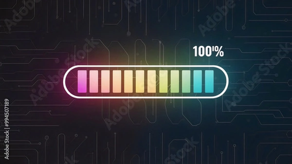 Fototapeta Processing icon with rainbow bars isolated on dark tech lines background, progress bar sign "Loading 100%" text, percentage, abstract, flat design, illustration, download button, futuristic transfer