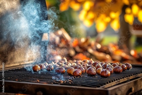 Fototapeta An abundance of nuts is piled up on a black wooden board. The nuts in blue smoke are stacked on the table. Contrasting dramatic light is used to create this artistic effect.