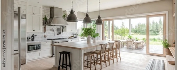 Obraz Airy Scandinavian kitchen with a functional layout, featuring a central island, pendant lights, and sliding doors to the patio
