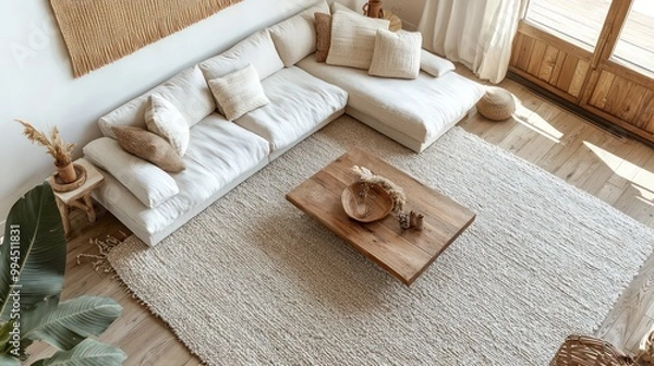 Obraz Airy Scandinavian living room featuring a low-profile sectional sofa, a large wool area rug, and a minimalist wood coffee table