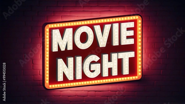 Fototapeta Illustrated charming "Movie Night" white text banner in glowing red lights on a textured brick wall background, enjoyable evening of films, neon open sign, invitation flyer, club bar, cinema night