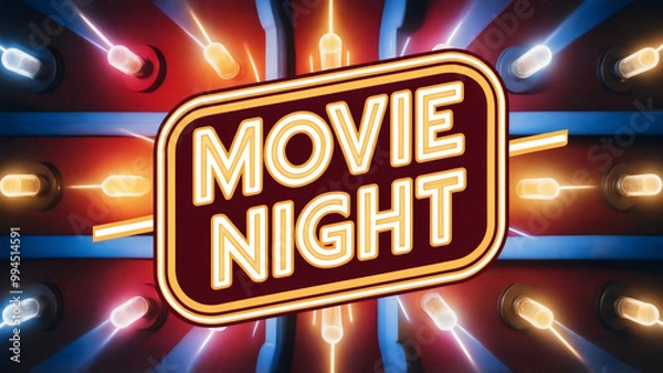 Fototapeta Illustration of a retro-styled signboard "Movie Night" text logo, set against the backdrop of a marquee inspired wall with isolated, colorful realistic lights, blend of neon and traditional bulbs, bar