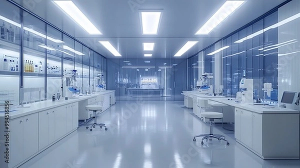 Fototapeta Empty laboratory with modern equipment and clean white interior. Concept of science, research, innovation, and technology.