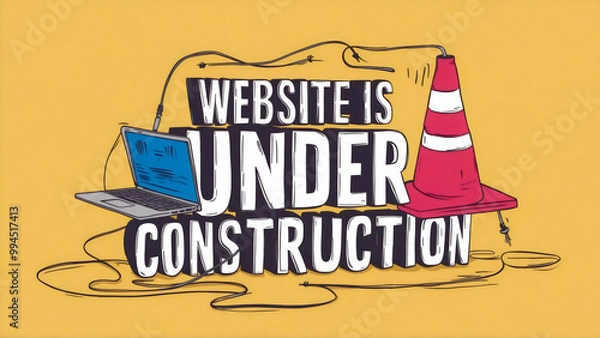 Fototapeta Bold text "Website is Under Construction" with a construction cone and a laptop  losing power on a yellow background, sketched in pencil style, sign, cartoon design, Web page building process