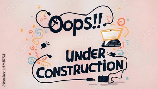 Fototapeta Playful design with a light pink background with quirky text "Oops! Website is under construction", alongside a laptop and loose cables, whimsical touch of colorful swirls and shapes, technology 