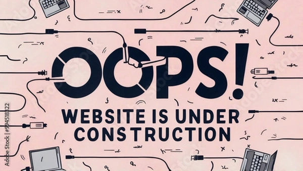 Fototapeta Bold text "Oops! Website is under construction," surrounded by scattered disconnected cables and laptop icons, composition, playful, on a light pink backdrop, illustration, electric circuit board