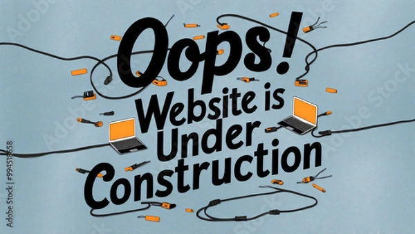 Fototapeta Calligraphic text "Oops! Website is under construction" written in a modern, bold font, disconnected cables and laptop symbol on light blue background, creative, playful design, social media concept