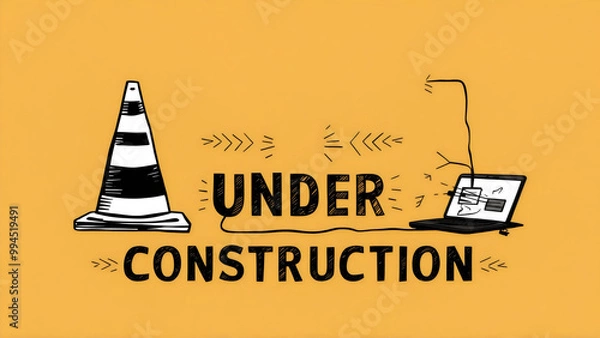Fototapeta A pencil sketch style of a  website "Under construction" sign with a laptop and traffic cone on a bright yellow background, poster, typography, illustration, warning banner, minimal 