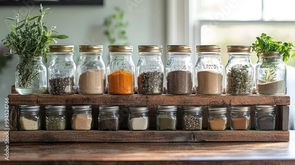 Obraz A detailed view of a handcrafted wooden spice rack filled with glass jars of herbs and spices in a rustic farmhouse kitchen