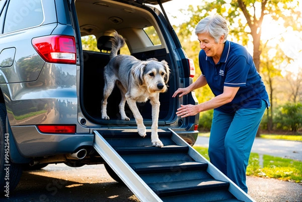Fototapeta A senior woman gently encourages her dog to walk down a ramp from a parked vehicle, enjoying a bright day in a beautiful park setting filled with greenery.