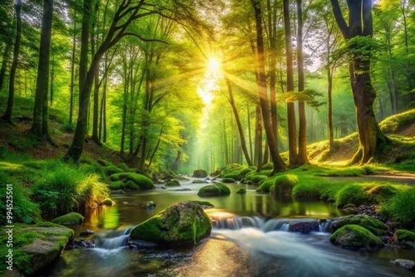 Fototapeta Tranquil Forest Scene with Sunlight Filtering Through Lush Green Leaves and a Gentle Stream Flowing