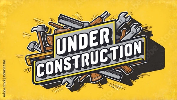 Fototapeta Modern sticker banner with "Under Construction" in bold, block letters, surrounded by construction tools like hammers and wrenches, on a bright yellow background, playful, retro, grunge stamp, cartoon