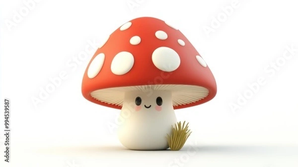 Obraz A 3D Rendered Smiling Mushroom with Red Cap and White Spots