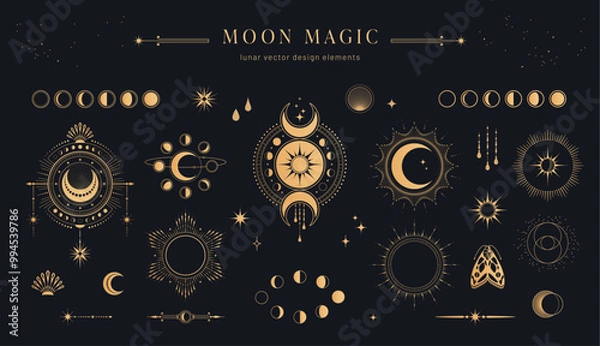 Fototapeta moon magic: set / collection of lunar / celestial design elements with moon phases, bursting rays of moonlight, star shapes, frames and abstract elements for mystic prints, patterns or backgrounds