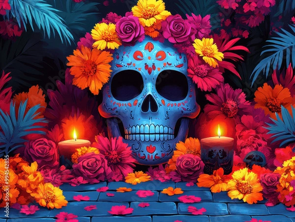 Fototapeta Creative Day of the Dead altar backdrop illustrations to enhance your ofrenda with beautiful background designs